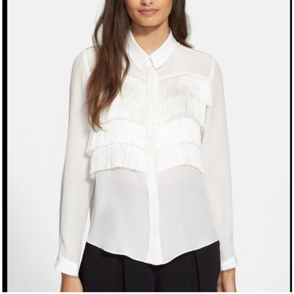 Women's Rebecca Taylor 100% silk Ivory Fringe Button Down Shirt Size 6 - Picture 1 of 12